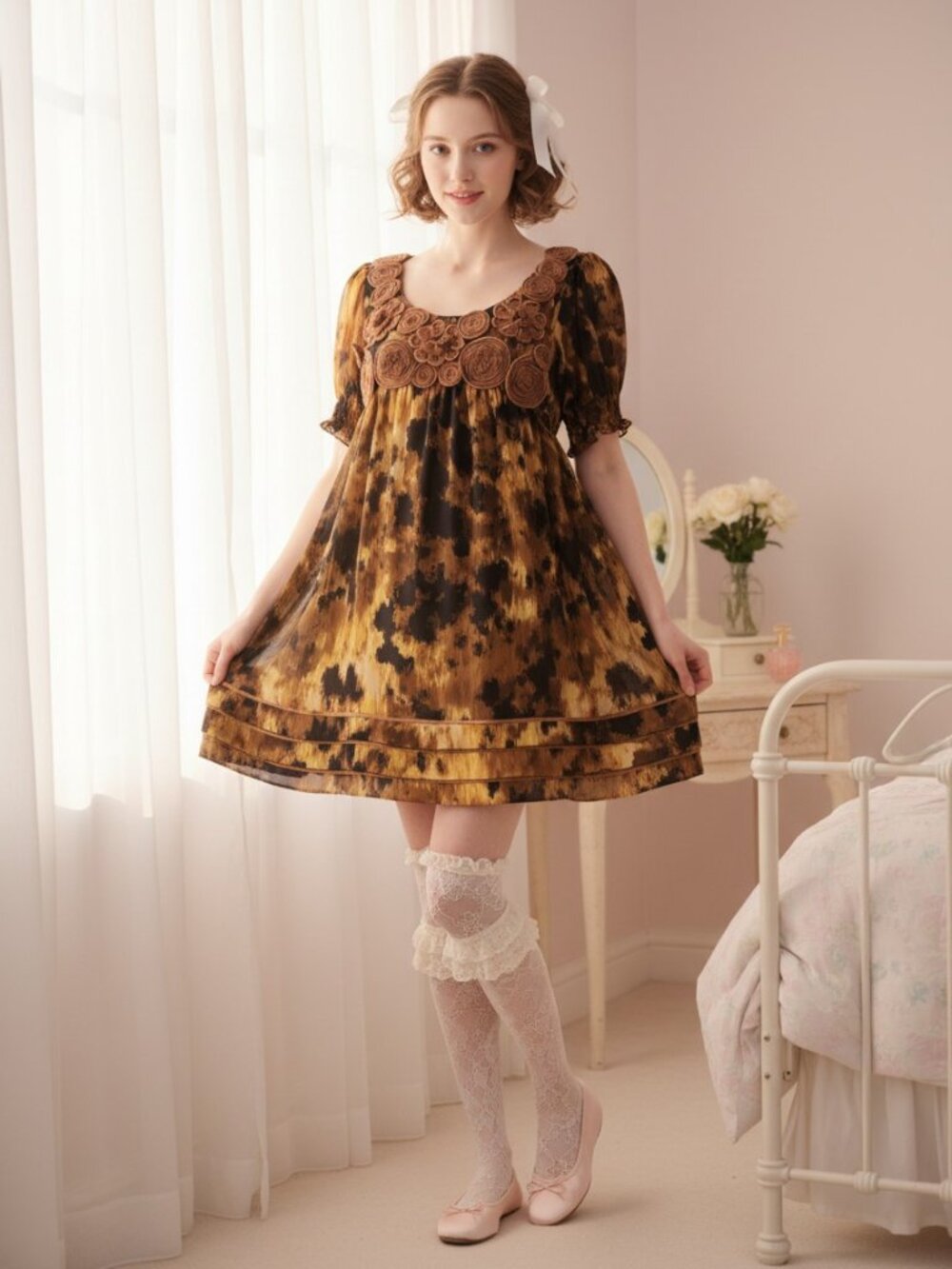 VINTAGE Babydoll Mini Dress Tunic L Rosette Applique Coquette Dollcore Ruffle